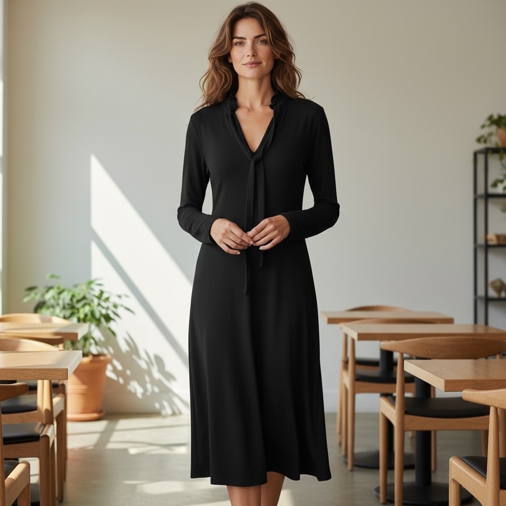 Boden Black Midi Dress with Tie Neck